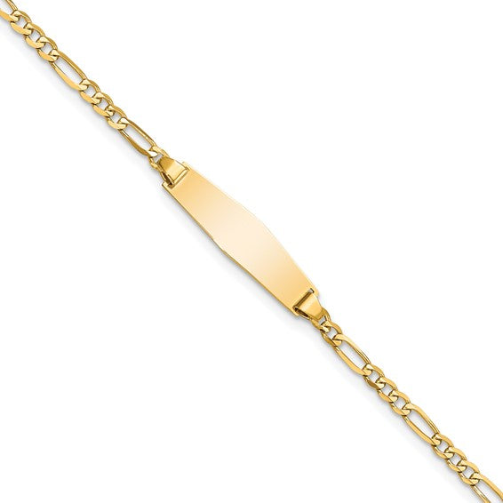 14kt Yellow Gold Polished Solid Chain/Solid Plate Figaro Link Soft Diamond Shape 19.5x5mm Plate 6 inch Baby/Child ID Bracelet