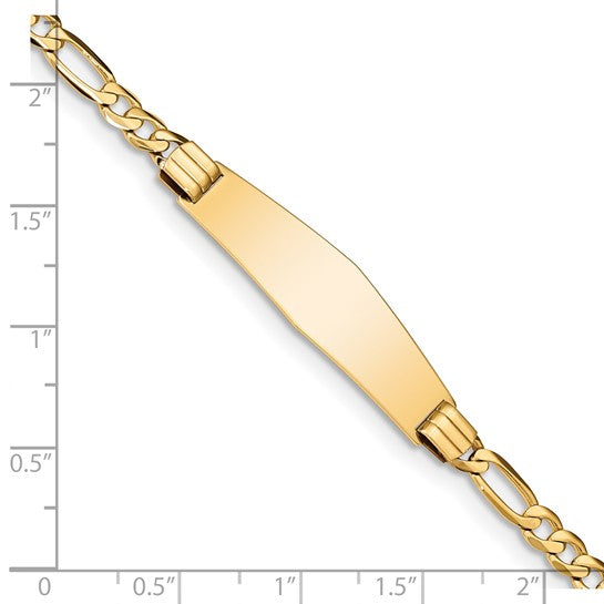 14kt Yellow Gold Polished Solid Chain/Solid Plate Figaro Link Soft Diamond Shape 33x9mm Plate 7 inch ID Bracelet