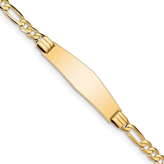 14kt Yellow Gold Polished Solid Chain/Solid Plate Figaro Link Soft Diamond Shape 33x9mm Plate 7 inch ID Bracelet