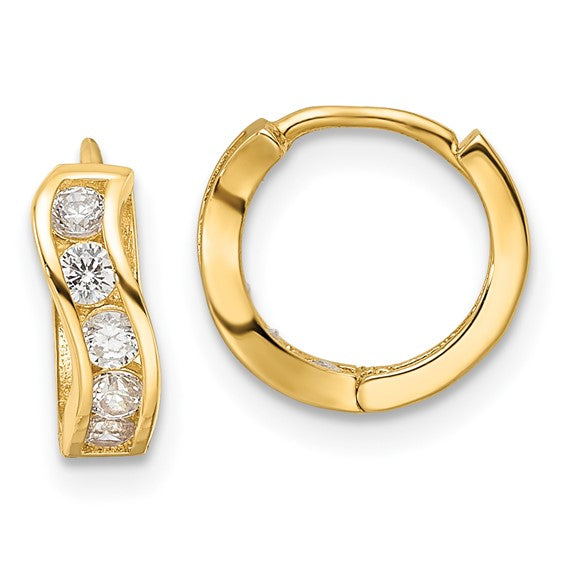 14kt Yellow Gold Madi K Polished CZ Wavy Hinged Huggie Hoop Earrings