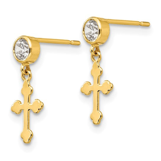 14kt Yellow Gold Madi K CZ Children's Cross Dangle Post Earrings