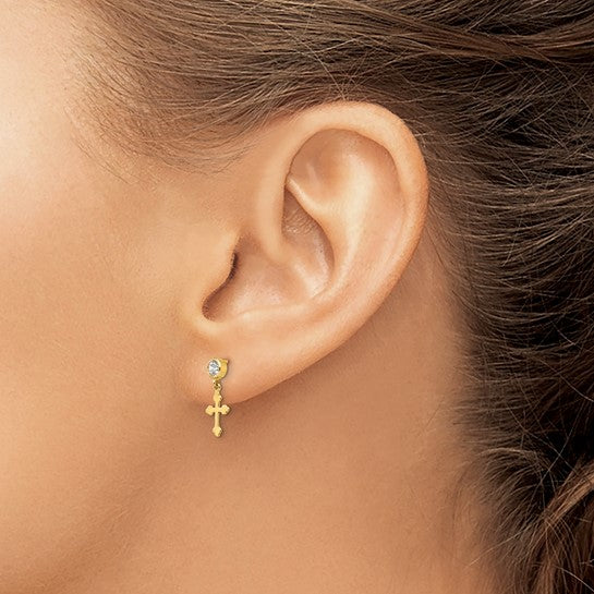 14kt Yellow Gold Madi K CZ Children's Cross Dangle Post Earrings