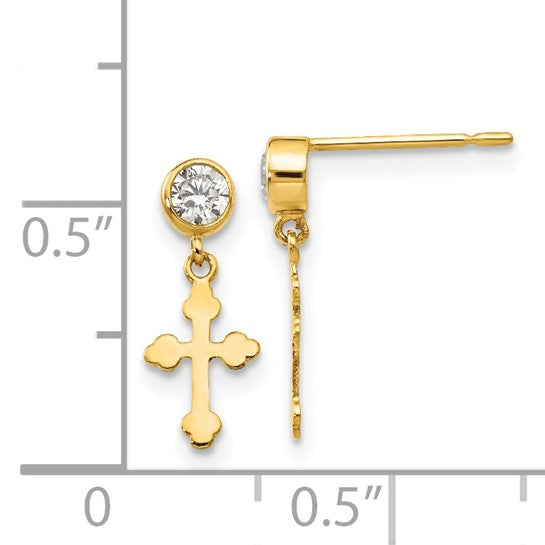 14kt Yellow Gold Madi K CZ Children's Cross Dangle Post Earrings