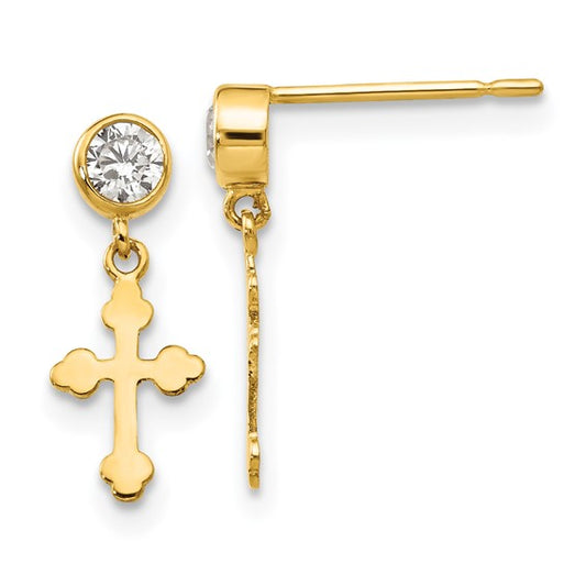 14kt Yellow Gold Madi K CZ Children's Cross Dangle Post Earrings