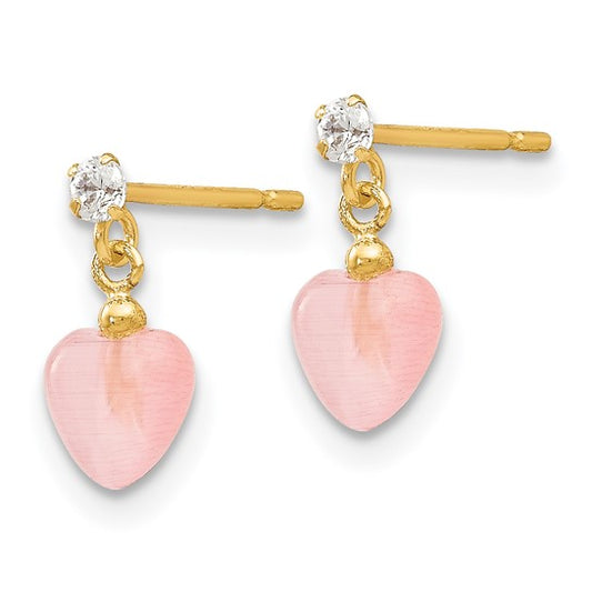 14kt Yellow Gold Madi K CZ and Pink Cat's Eye Heart Dangle Post Earrings