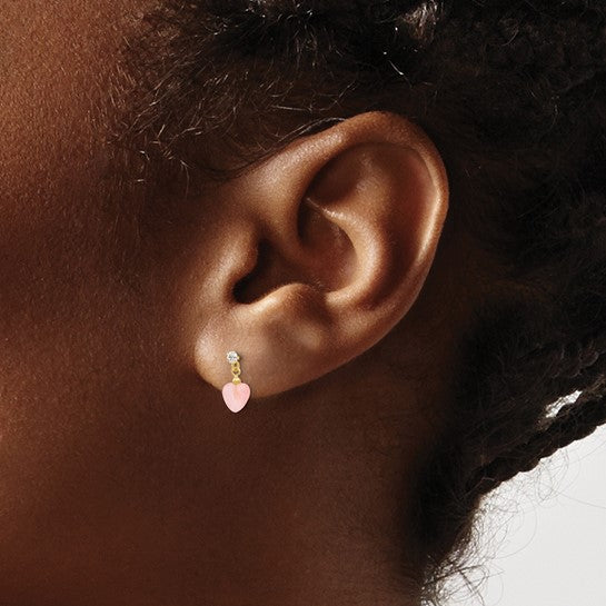 14kt Yellow Gold Madi K CZ and Pink Cat's Eye Heart Dangle Post Earrings