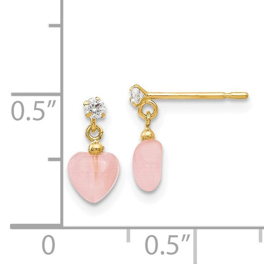 14kt Yellow Gold Madi K CZ and Pink Cat's Eye Heart Dangle Post Earrings