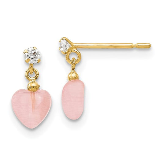 14kt Yellow Gold Madi K CZ and Pink Cat's Eye Heart Dangle Post Earrings