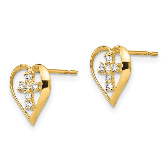 14kt Yellow Gold Madi K CZ Children's Heart Cross Post Earrings