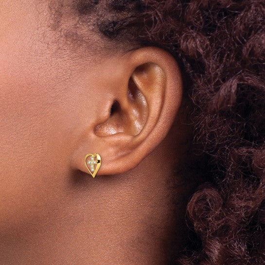 14kt Yellow Gold Madi K CZ Children's Heart Cross Post Earrings