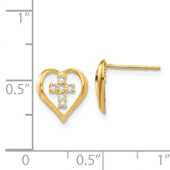 14kt Yellow Gold Madi K CZ Children's Heart Cross Post Earrings