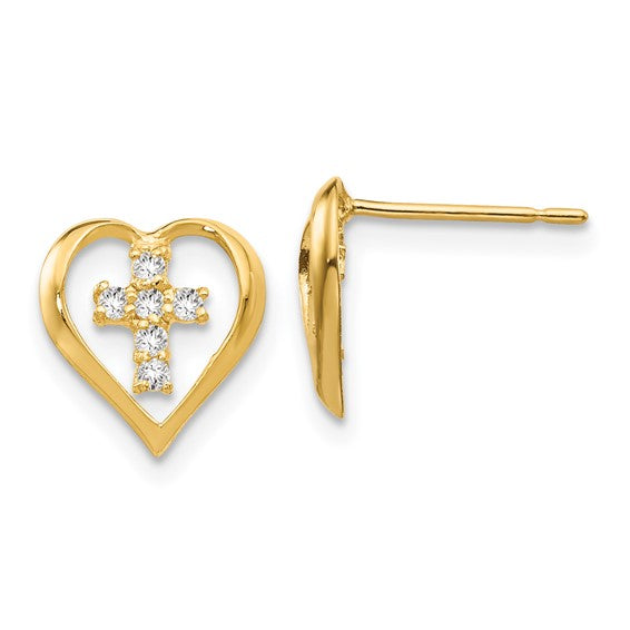 14kt Yellow Gold Madi K CZ Children's Heart Cross Post Earrings