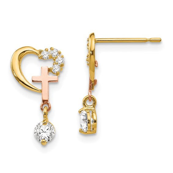 14kt  Madi K Two-tone CZ Children's Cross & Heart Post Earrings