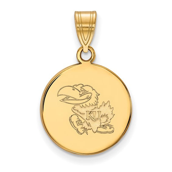 10kt Yellow Gold LogoArt University of Kansas Jayhawk Medium Disc Pendant