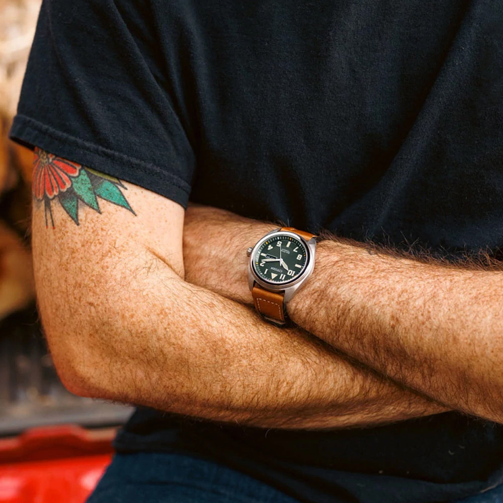 Men's Citizen Eco-Drive® Avion Super Titanium™ Leather Strap Watch with Green Dial