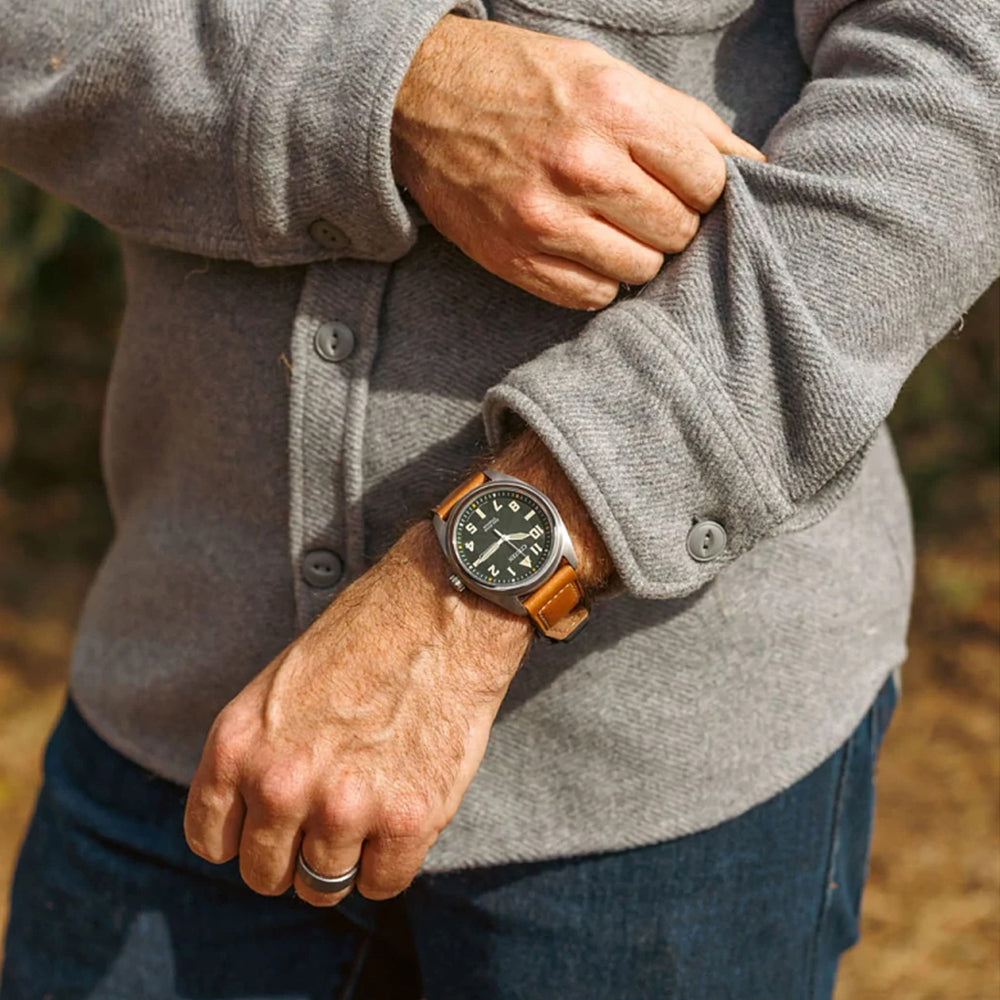 Men's Citizen Eco-Drive® Avion Super Titanium™ Leather Strap Watch with Green Dial