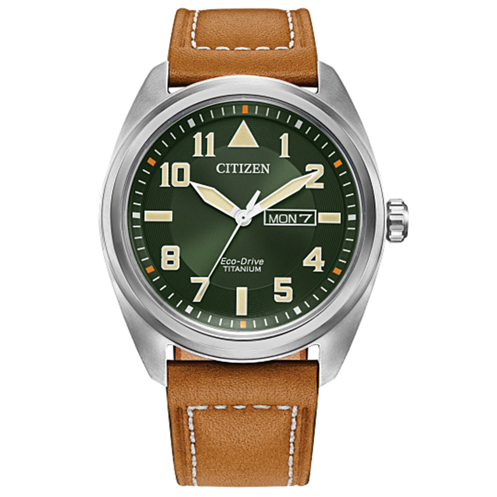 Men's Citizen Eco-Drive® Avion Super Titanium™ Leather Strap Watch with Green Dial (Model: BM8560-02X)