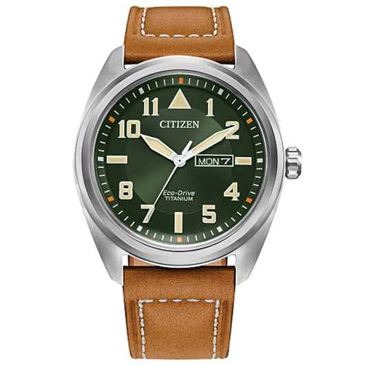 Men's Citizen Eco-Drive® Avion Super Titanium™ Leather Strap Watch with Green Dial