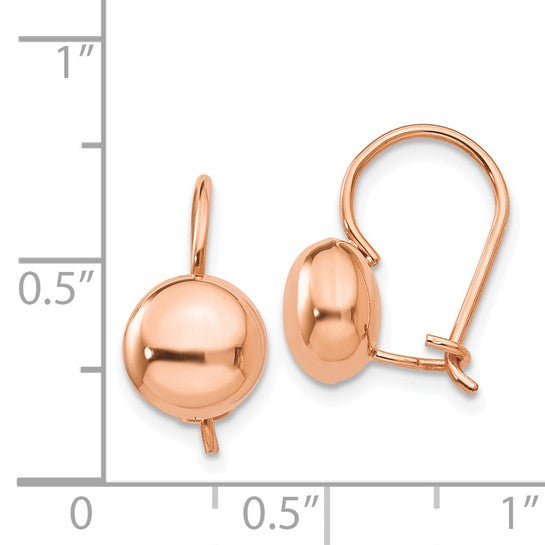 14kt Rose Gold Polished 8mm Button Kidney Wire Earrings