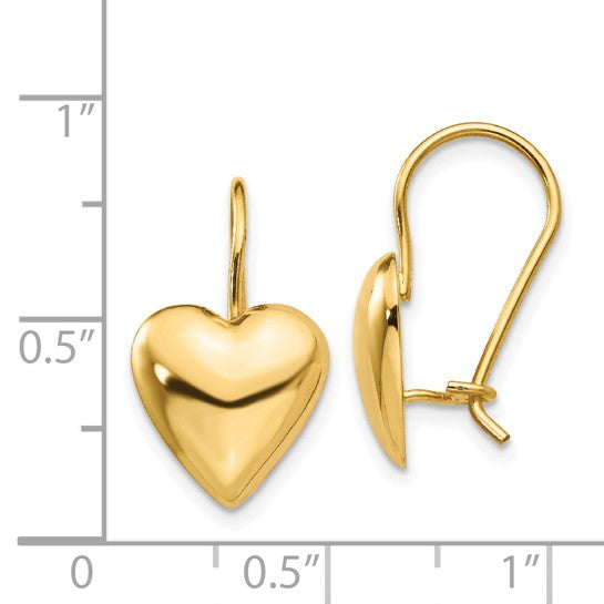 14kt Yellow Gold Polished 11.5mm Puffed Heart Kidney Wire Earrings