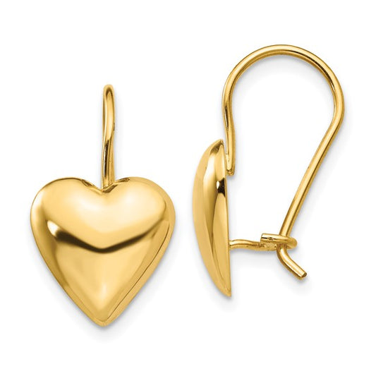 14kt Yellow Gold Polished 11.5mm Puffed Heart Kidney Wire Earrings