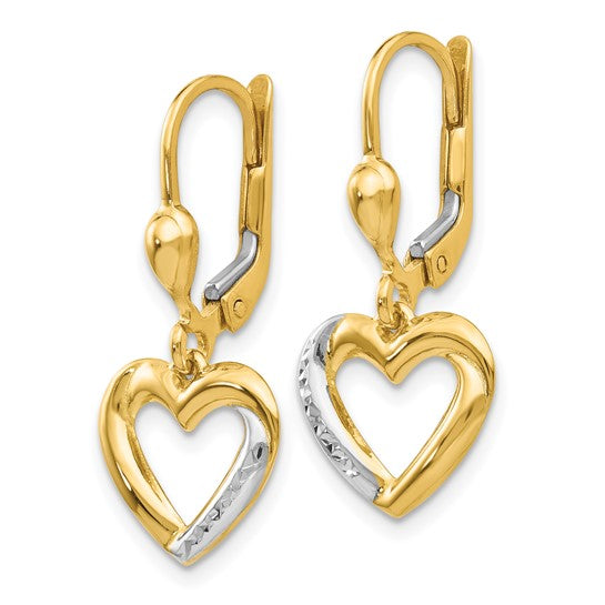 14KT Yellow Gold and Rhodium Textured and Polished Heart Leverback Earring