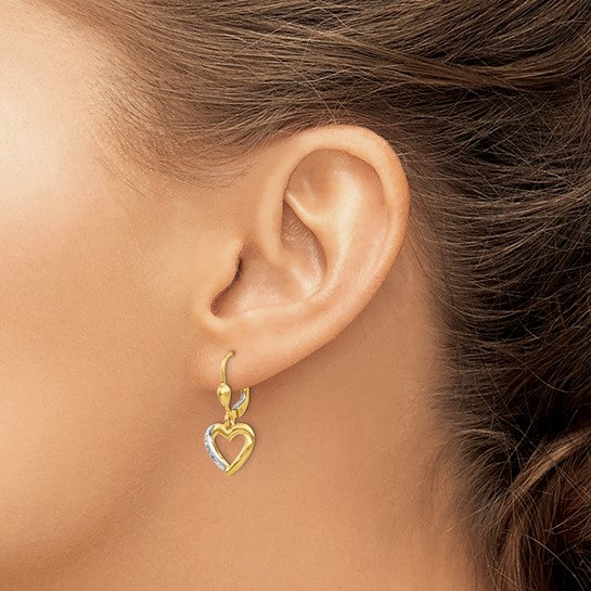 14KT Yellow Gold and Rhodium Textured and Polished Heart Leverback Earring