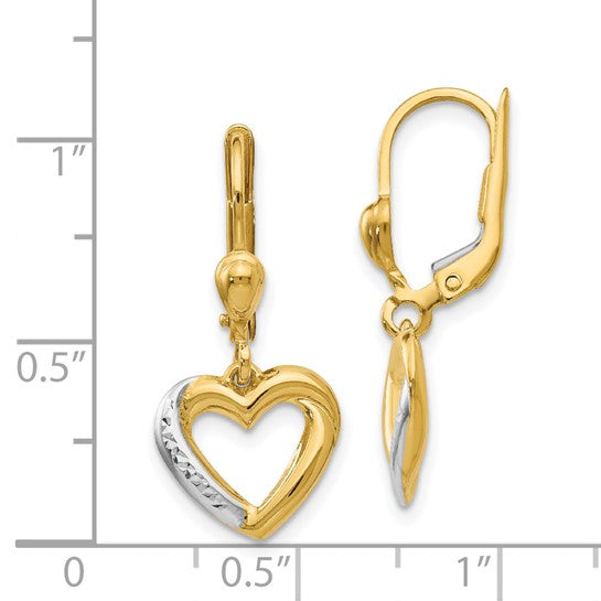 14KT Yellow Gold and Rhodium Textured and Polished Heart Leverback Earring