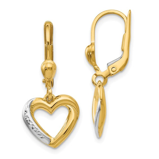 14KT Yellow Gold and Rhodium Textured and Polished Heart Leverback Earring