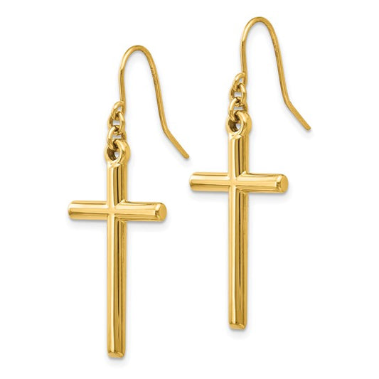 14kt Yellow Gold Cross Shepherd Hook Dangle Earrings