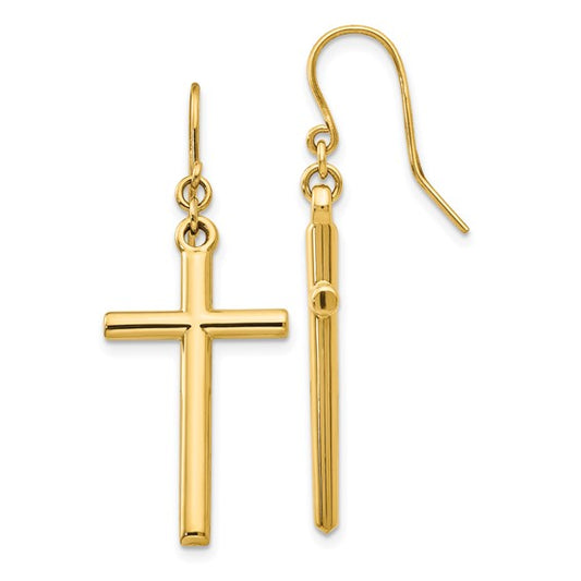 14kt Yellow Gold Cross Shepherd Hook Dangle Earrings