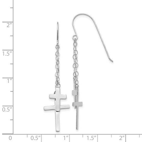 14KT White Gold Chain Dangle Cross Shepherd Hook Earrings