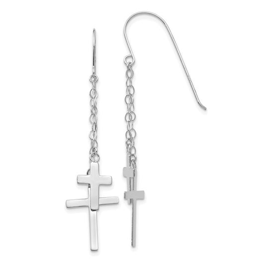14KT White Gold Chain Dangle Cross Shepherd Hook Earrings