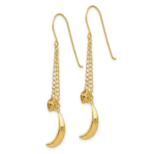 14KT Yellow Gold Chain Dangle Puffed Moon & Stars Shepherd Hook Earrings