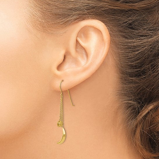 14KT Yellow Gold Chain Dangle Puffed Moon & Stars Shepherd Hook Earrings