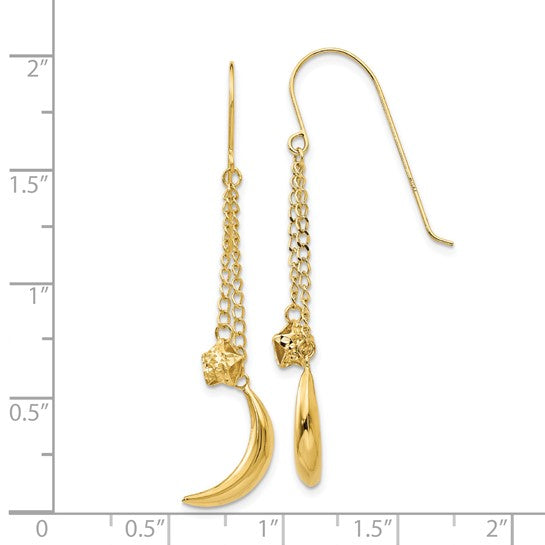 14KT Yellow Gold Chain Dangle Puffed Moon & Stars Shepherd Hook Earrings