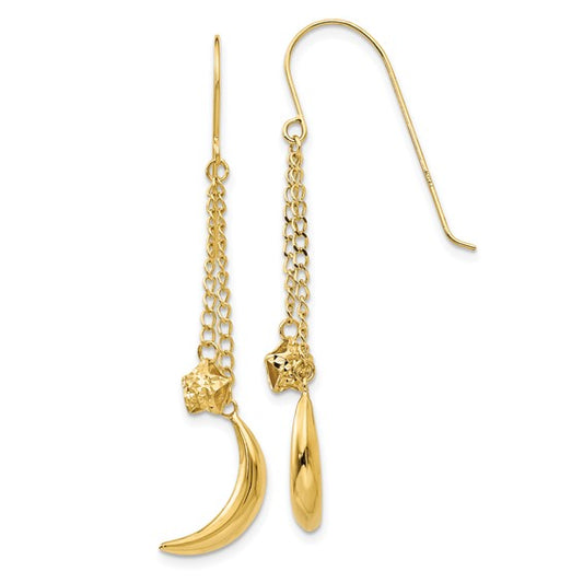 14KT Yellow Gold Chain Dangle Puffed Moon & Stars Shepherd Hook Earrings