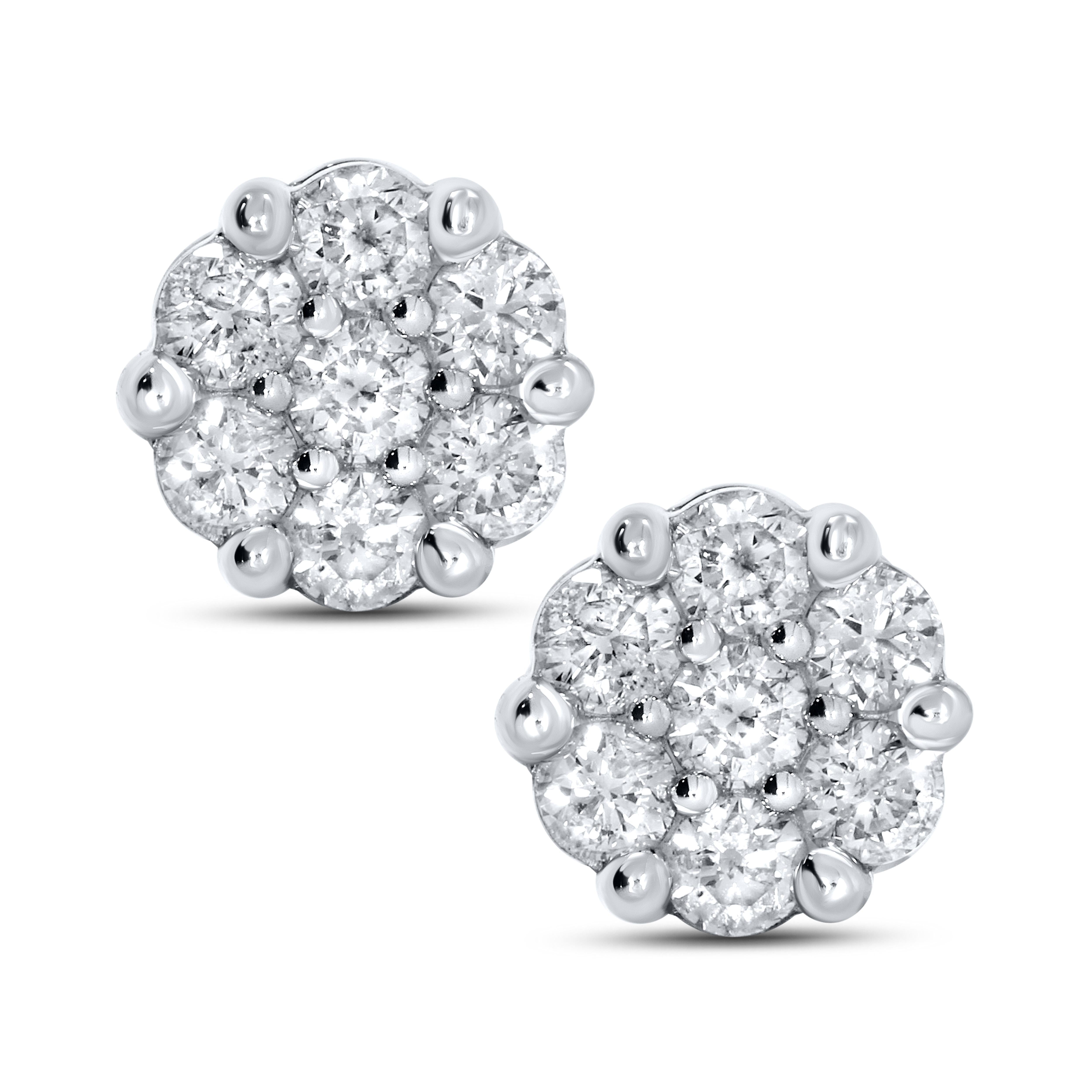 10K WHITE GOLD 0.99 CTW DIAMOND FLOWER EARRINGS