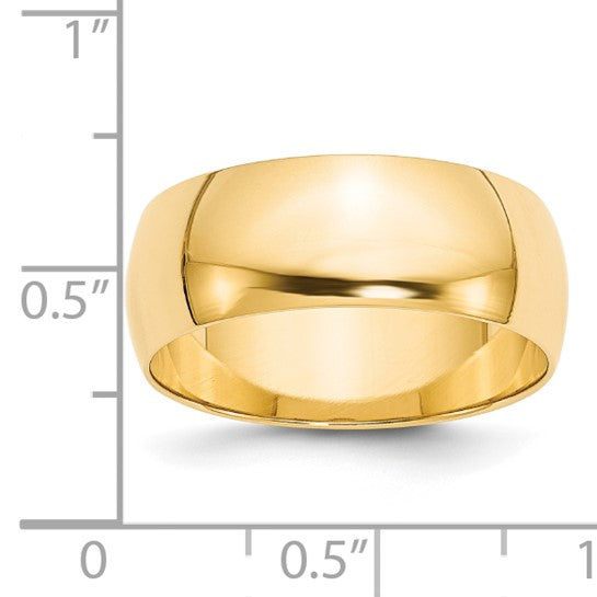 14kt Yellow Gold 8mm Lightweight Half Round Wedding Band Size 9.5