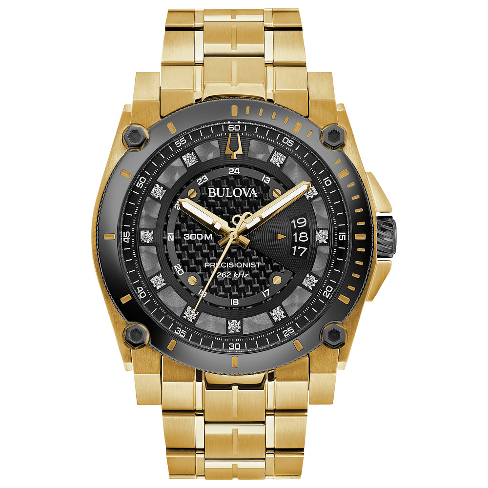 Men's Bulova Precisionist Watch with Yellow Gold-Tone Bracelet and Black Dial 46.5mm