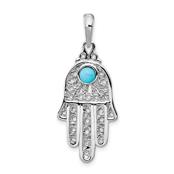14kt White Gold Turquoise Filigree Chamseh Pendant