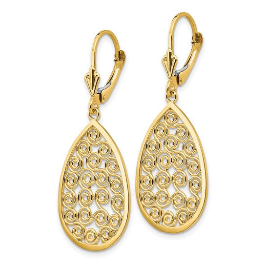 14kt Yellow Gold Teardrop Filigree Dangle Leverback Earrings