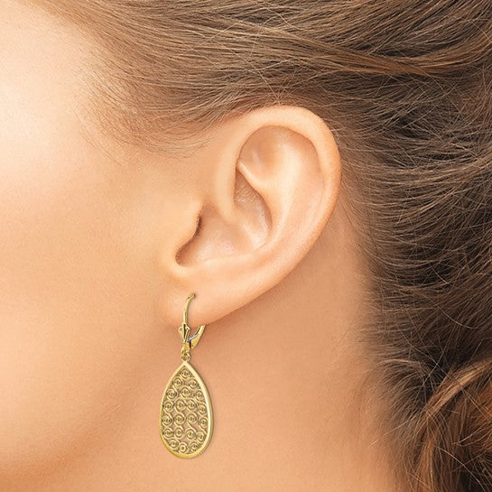 14kt Yellow Gold Teardrop Filigree Dangle Leverback Earrings