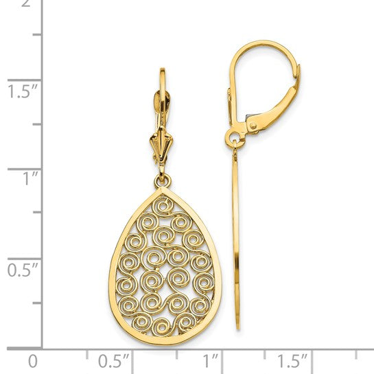 14kt Yellow Gold Teardrop Filigree Dangle Leverback Earrings