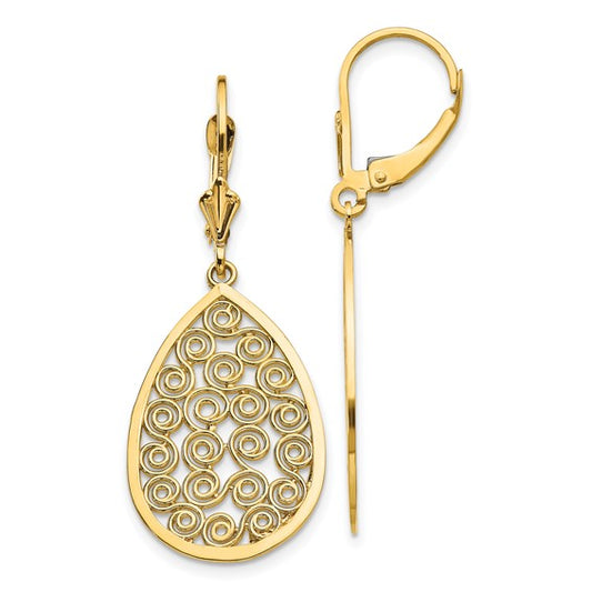 14kt Yellow Gold Teardrop Filigree Dangle Leverback Earrings