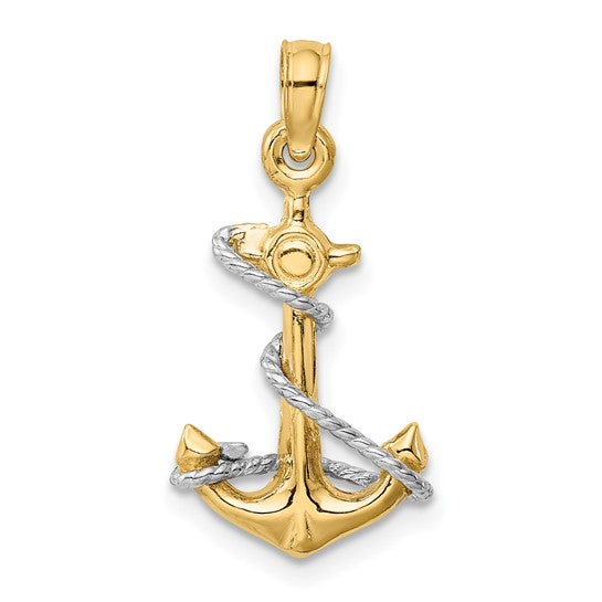 14KT Two-Tone 3D Anchor W/Rope Pendant
