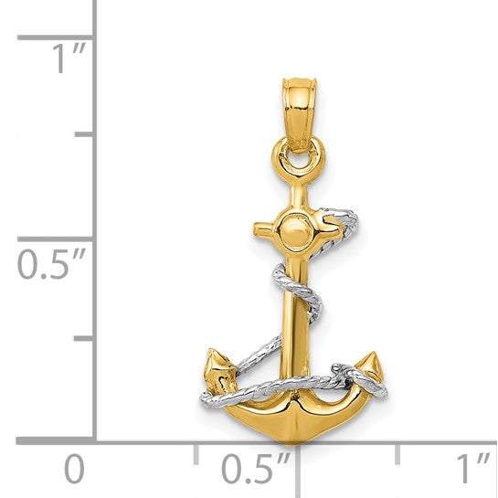 14KT Two-Tone 3D Anchor W/Rope Pendant