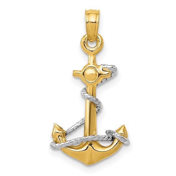 14KT Two-Tone 3D Anchor W/Rope Pendant