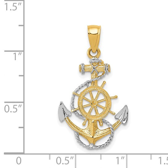 14kt Yellow Gold w/ Rhodium Anchor w/Rope Pendant