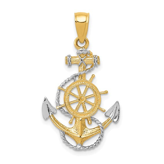 14kt Yellow Gold w/ Rhodium Anchor w/Rope Pendant